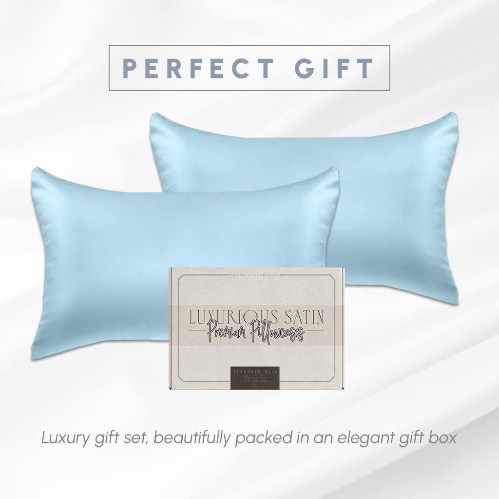 Elegantcomfort Elegant Comfort 2-Pack King Size Baby Blue Satin Pillowcase Set with Hidden Zipper Closure, 20" x 40" Blue