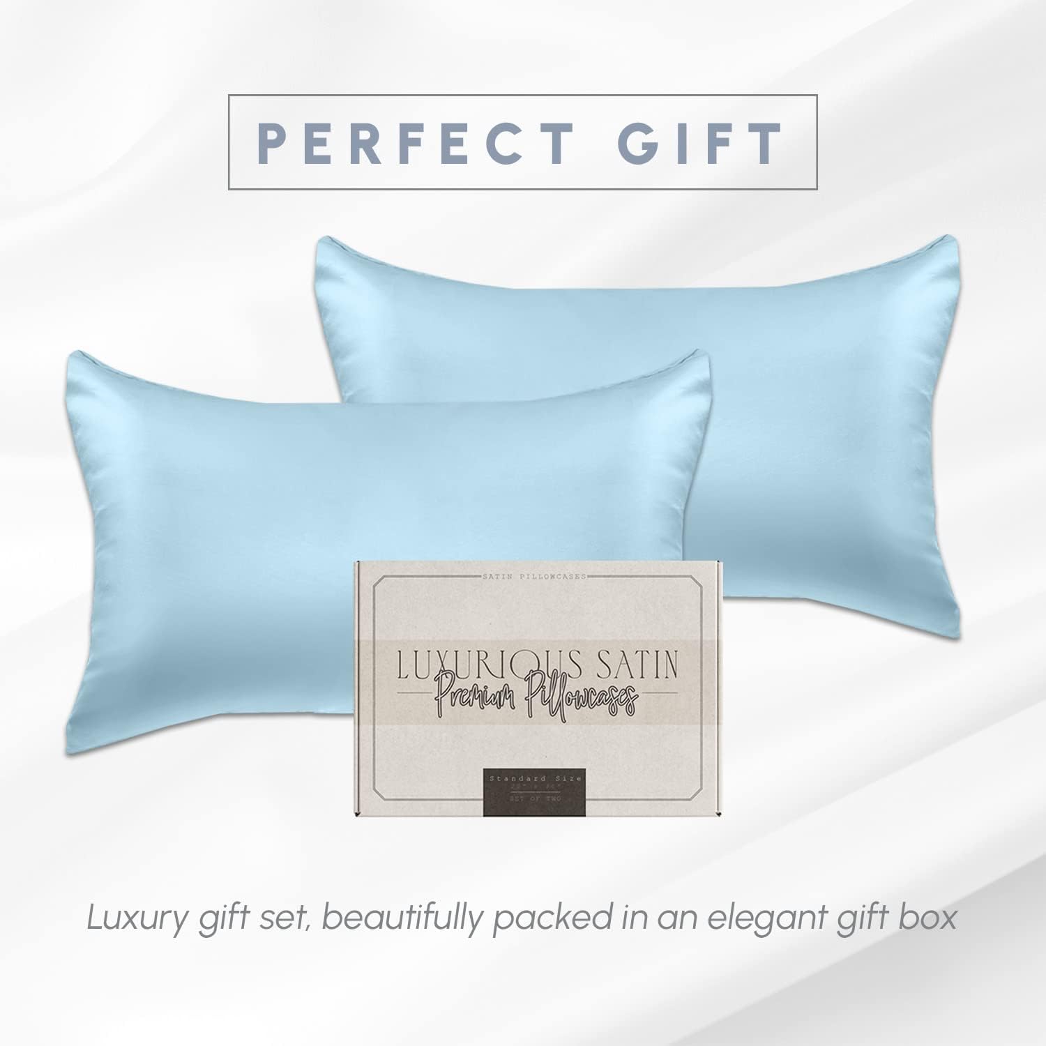 Elegantcomfort Elegant Comfort 2-Pack Baby Blue Satin Pillowcase Set with Hidden Zipper Closure, 20" x 30" Standard/Queen Blue