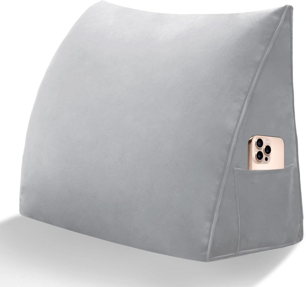 Wedge Headboard Pillow Reading Backrest Pillow for Sitting in Bed Sofa Dorm with Removable Cover Side Pockets Dutch Velvet Fabric Grey