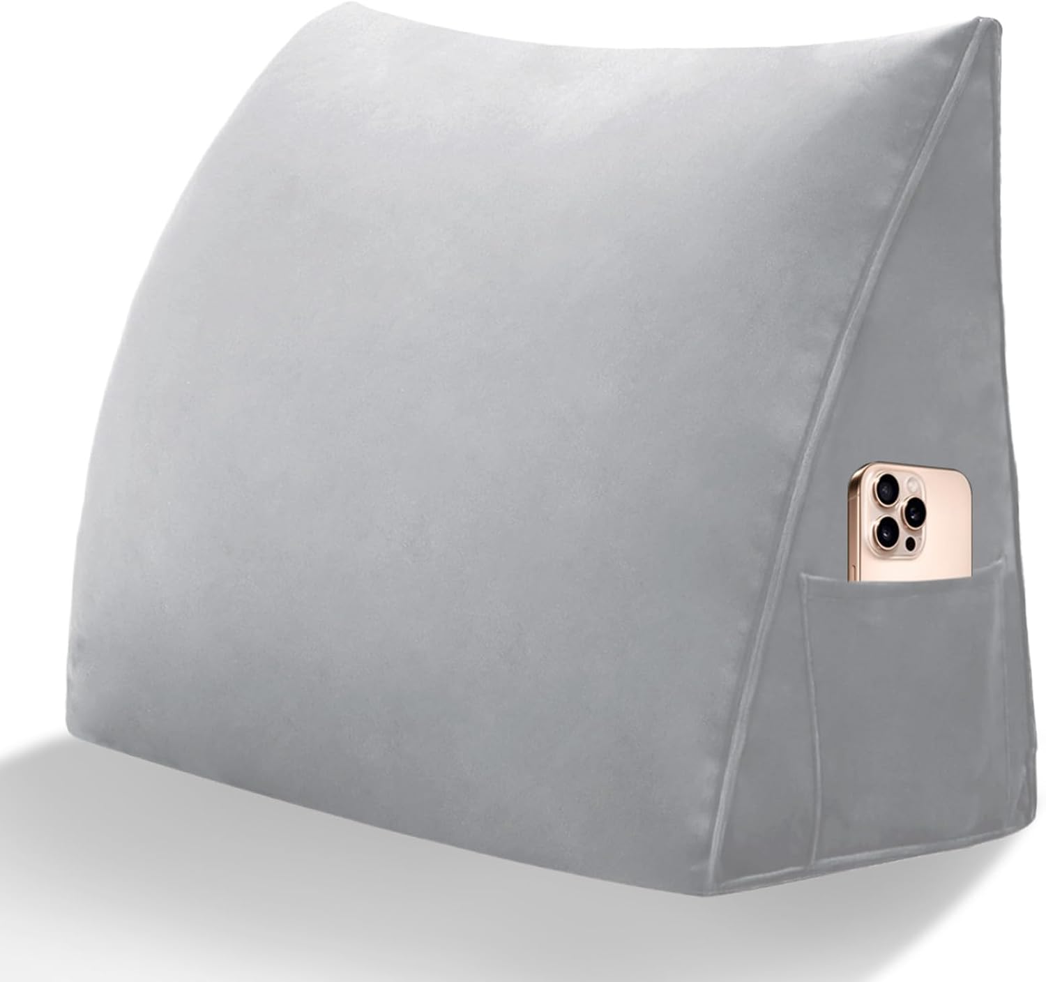 Wedge Headboard Pillow Reading Backrest Pillow for Sitting in Bed Sofa Dorm with Removable Cover Side Pockets Dutch Velvet Fabric Grey