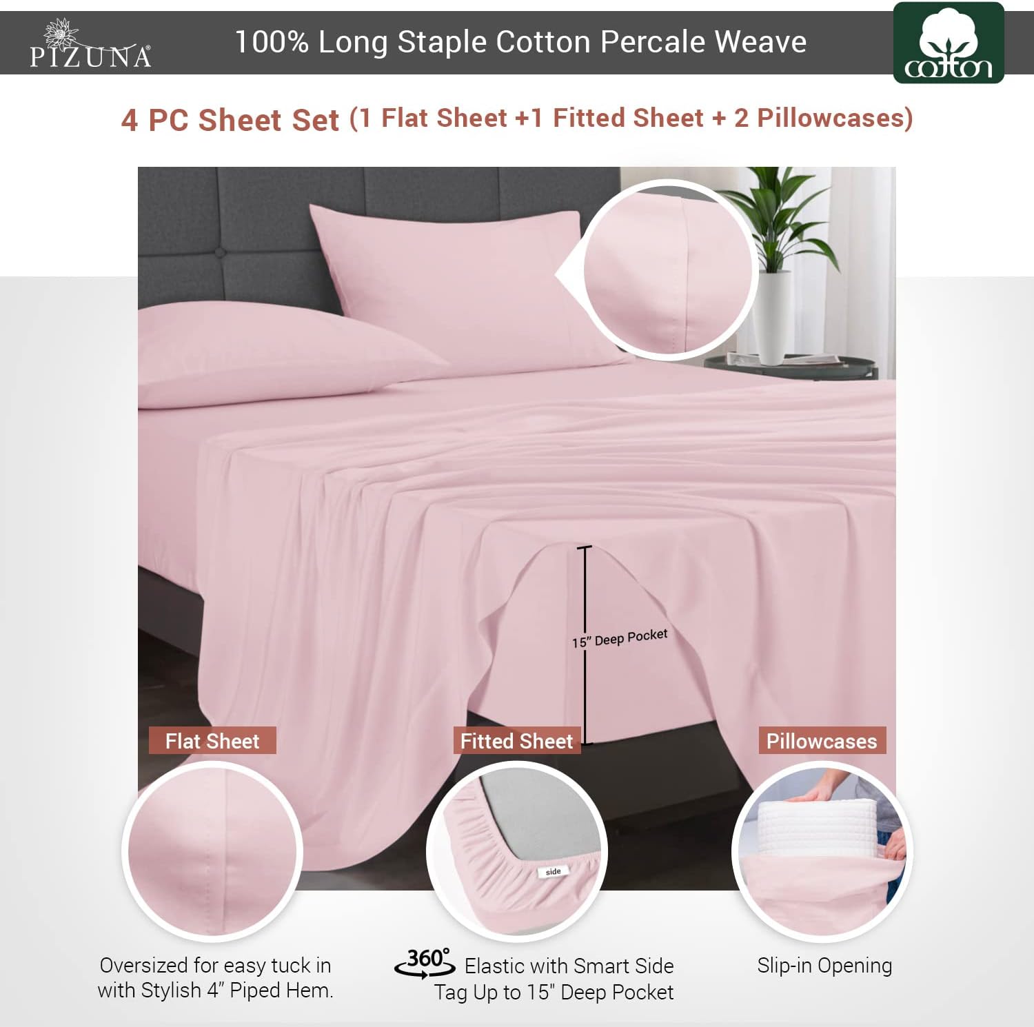 Pizuna 100% Cotton King Sheets Set - Crisp, Breathable Percale Weave Bed Sheets - Fully Elasticized 15" Deep Pocket Cooling Sheet - Long St…
