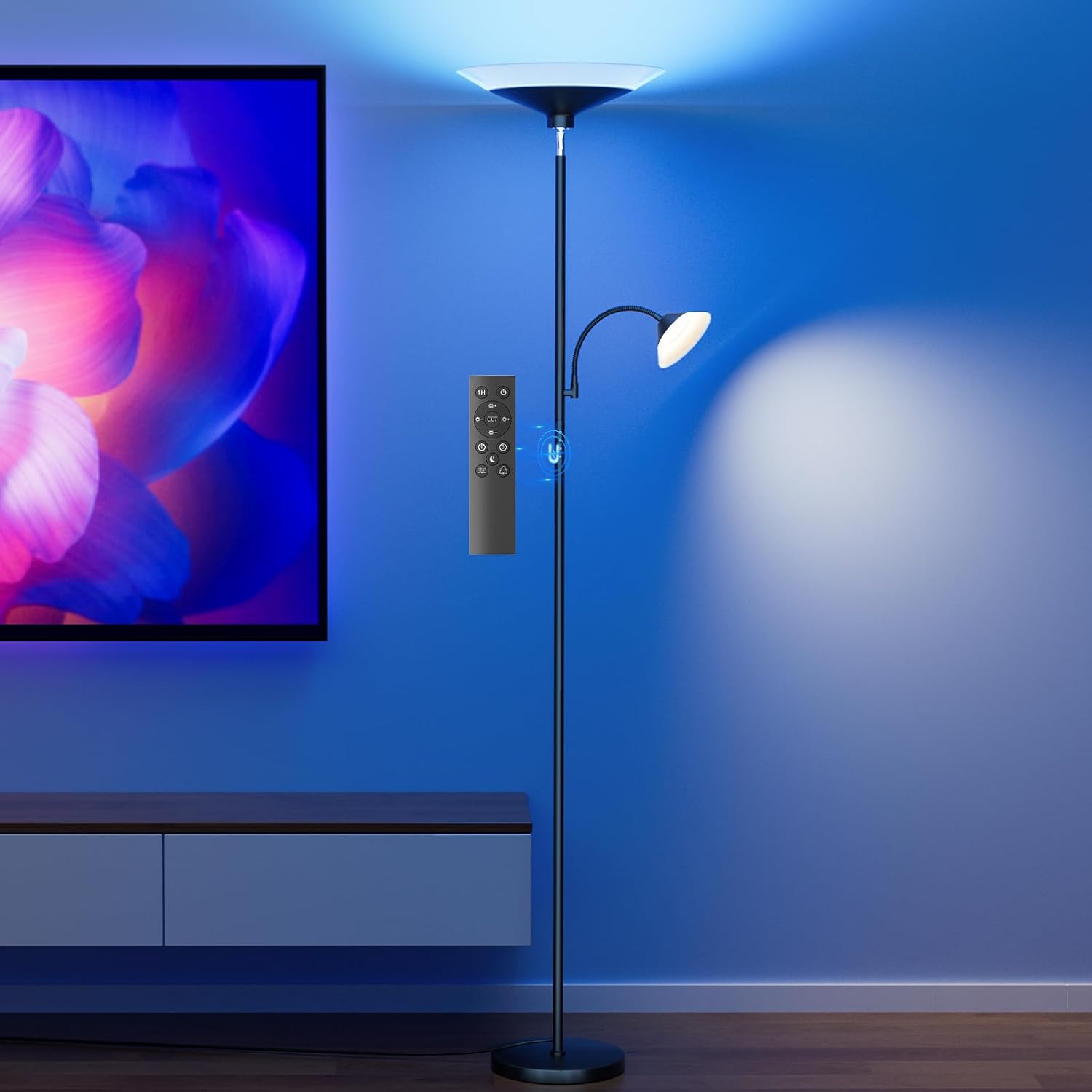 SIBRILLE RGB Torchiere Floor Lamp - 2 Way Dimmable LED Standing Lamp with Remote&Button Control, 34W Rotatable Floor Reading Light, 72''…