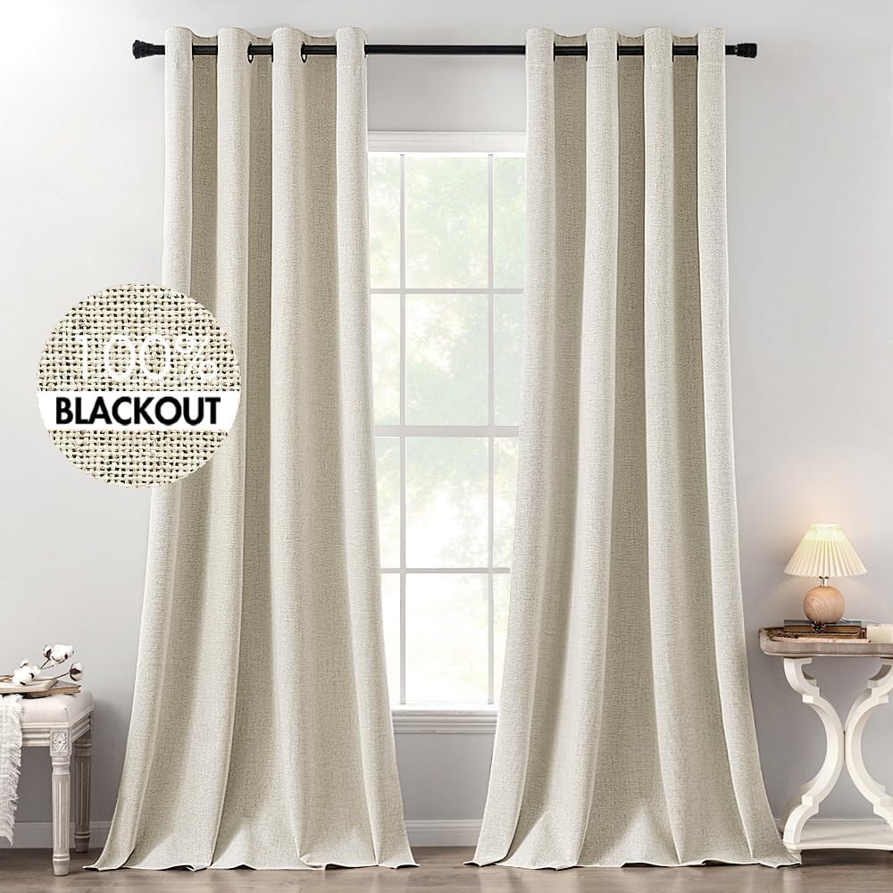 Miulee 100% Blackout Linen Textured Curtains for Bedroom Solid Thermal Insulated Cream Grommet Room Darkening Curtains & Drapes Luxury Deco…