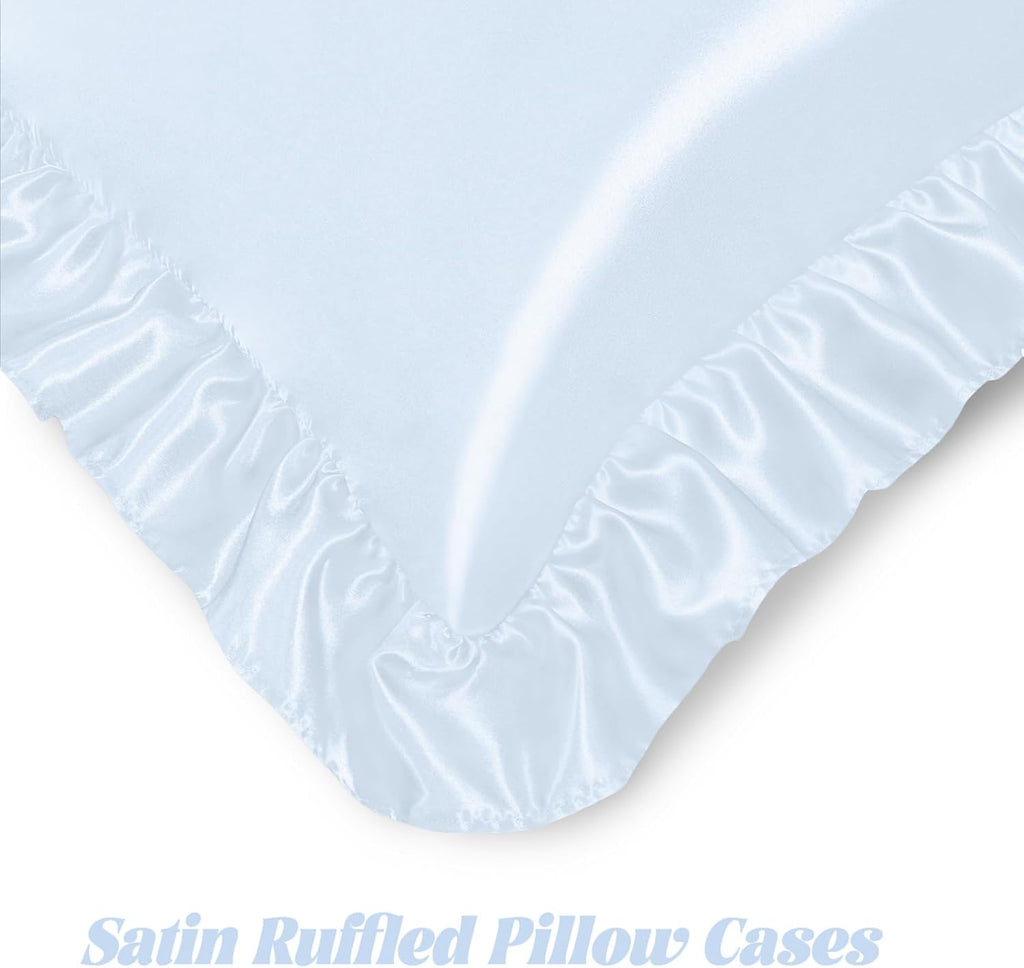 Homiest Ruffle Euro Sham Covers 26x26 Inch Set of 2, Baby Blue Satin Pillow Shams with 3 Inch Wide Decorative Ruffled, European Square…