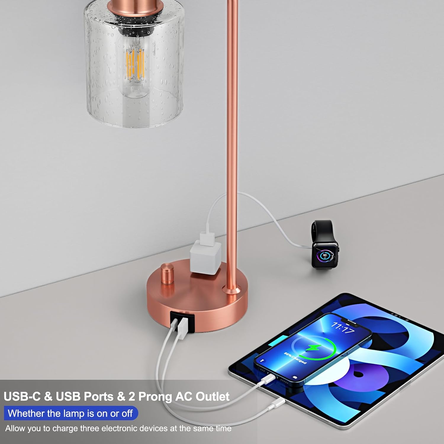 Innqoo Copper Industrial Bedside Table Lamp for Bedroom - Nightstand Lamps with USB C Charging Port, Fully Dimmable Black Ports and…