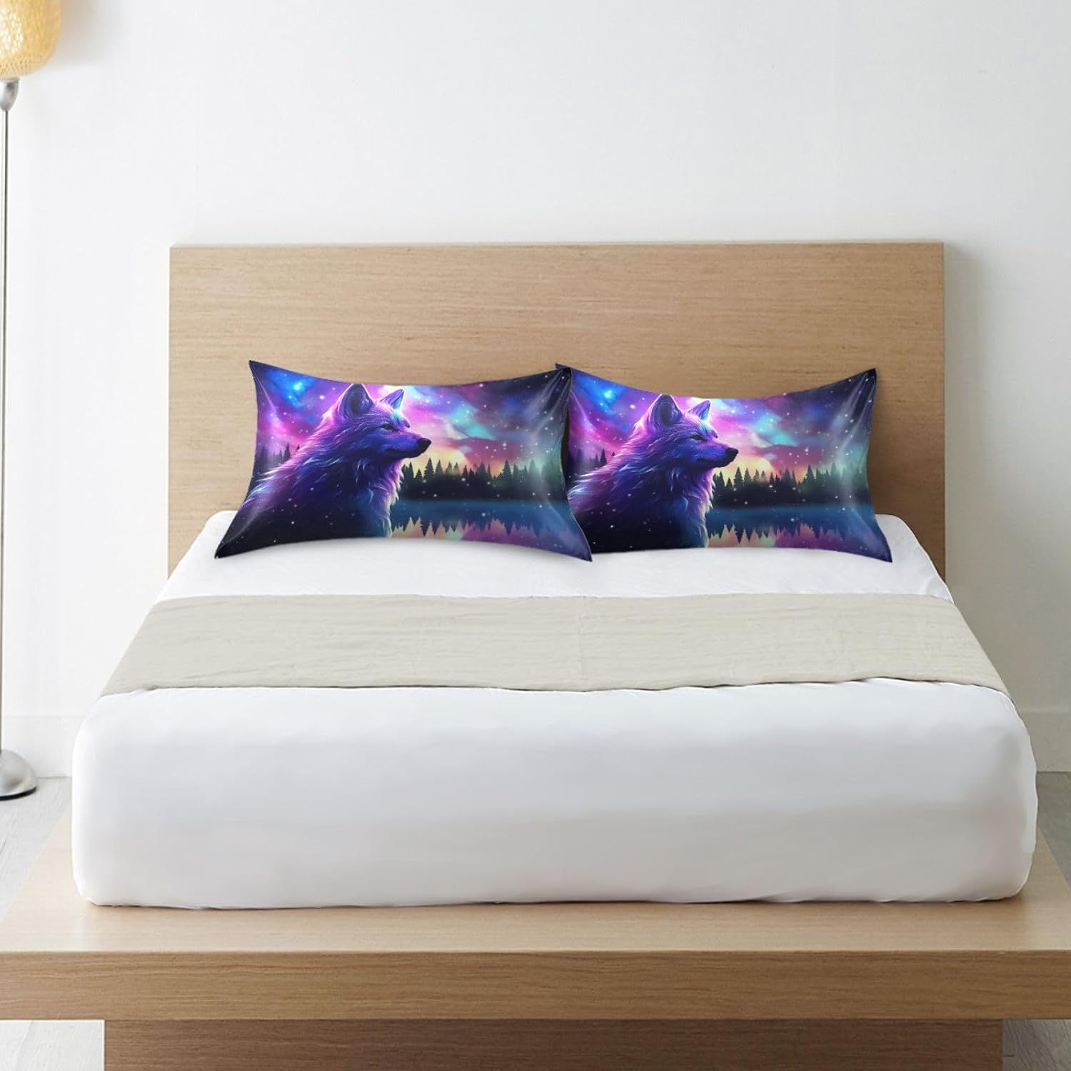 Stars Wolf Pillow Covers Silk Pillowcase for Hair and Skin Soft Breathable Smooth Cooling Satin Pillowcase King Size Pillow Case for…