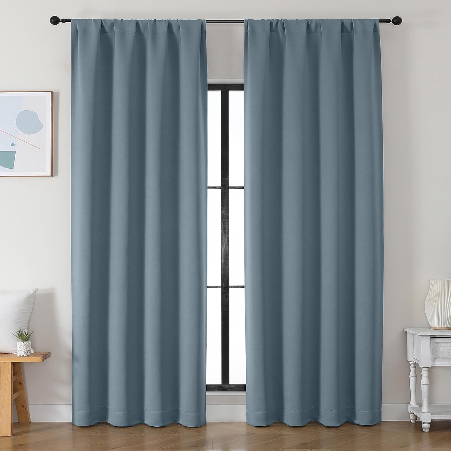 Simplebrand Ava Stone Blue Blackout Curtains for Bedroom 90 Inches Long 2 Panels Set, Solid Privacy Energy Saving Living Room Window Treatm…
