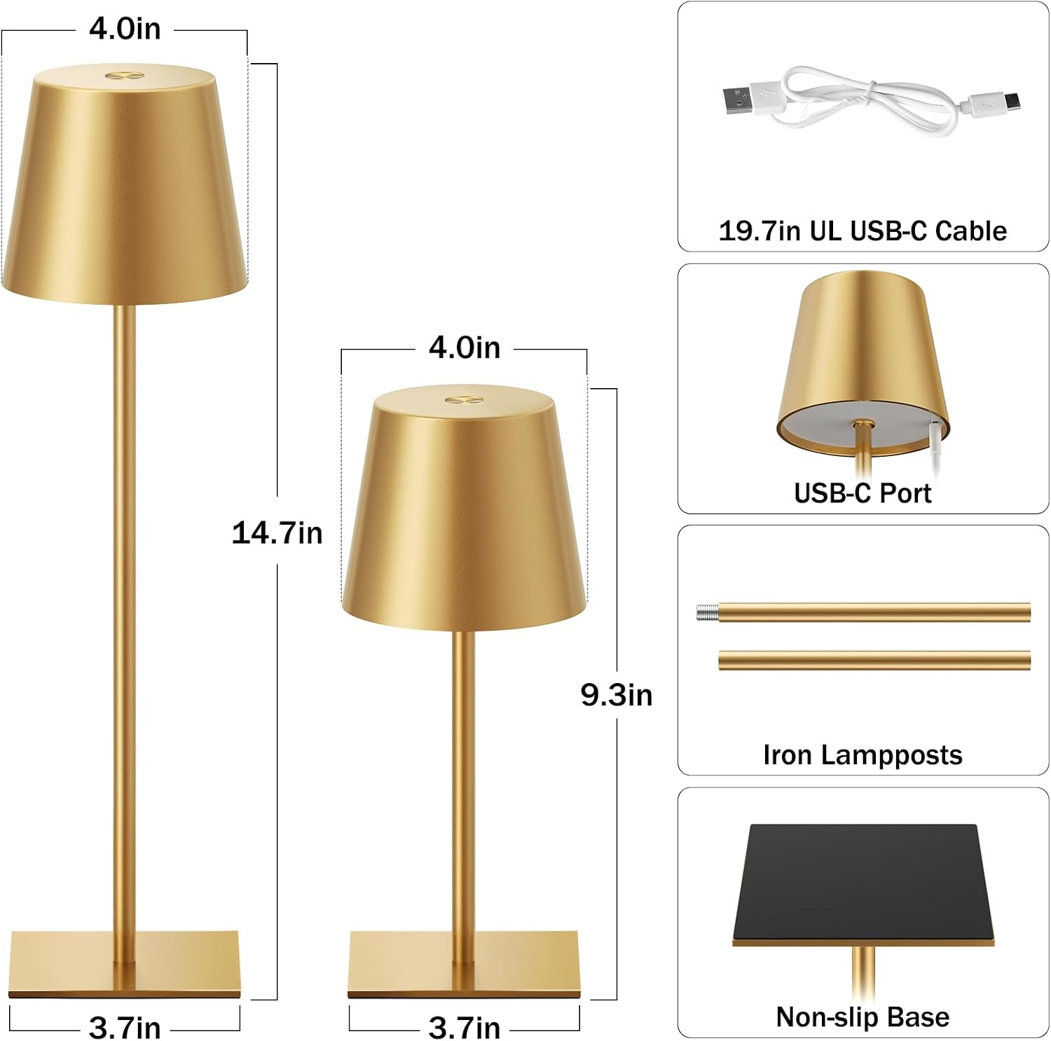 Kakanuo Gold Cordless Rechargeable Table Lamp, 4 Pack Portable Desk Lamp with 5000mAh Battery, Touch Control Stepless Dimming, Wireless…