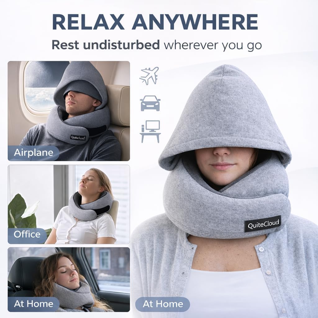 Travel Neck Pillow Hooded Memory Foam 360° Head & Chin Support, Lightweight Breathable Adjustable Fit Travel Neck Pillow with Eye Mask…