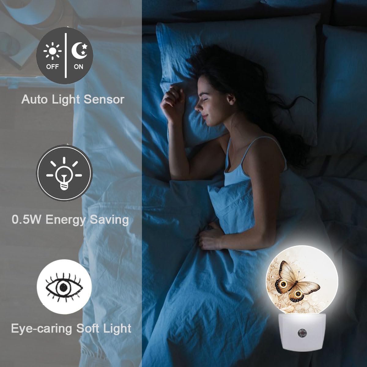 Butterfly Flowers Plug in Night Light Auto Light Round Lamps Energy Saving Gift for Women Men Friends