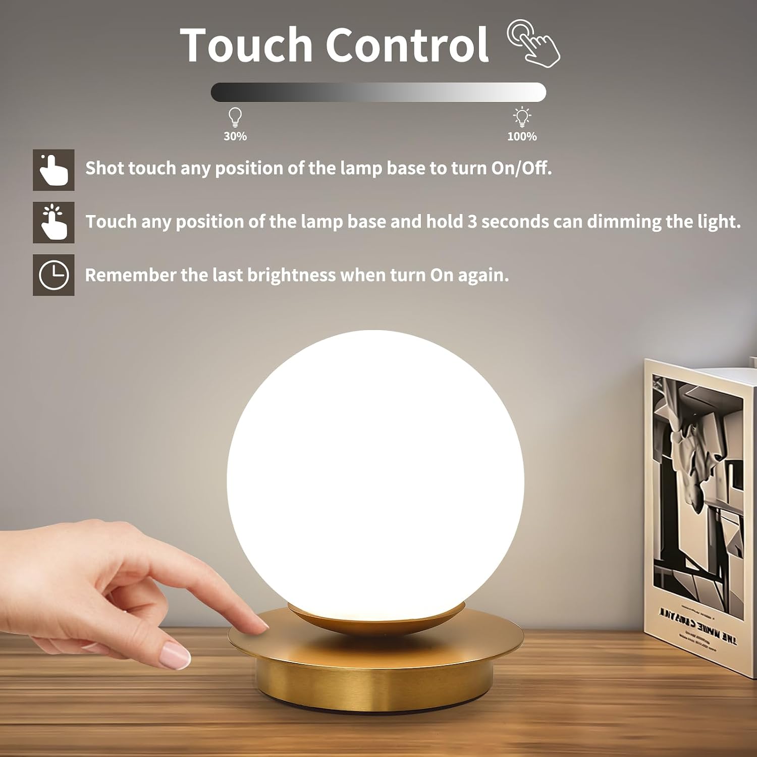 Touch Bedside Table Lamp, Brushed Gold Modern Small Nightstand Lamp for Bedroom Living Room Kids Room, Milky White Globe Glass Desk Lamp…