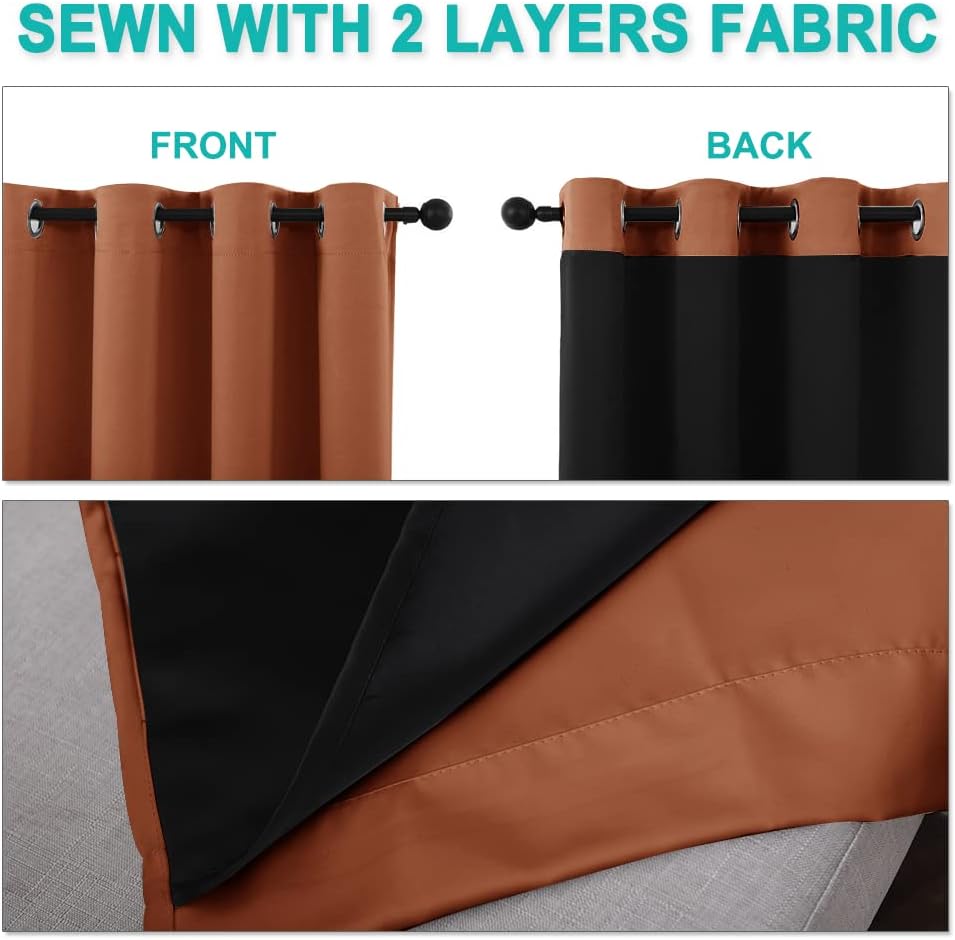 Nicetown Burnt Orange 100% Blackout Lined Curtains, 2 Thick Layers Narrow Wide Window Treatment Panels Thermal Insulated Drapes for Kitchen…