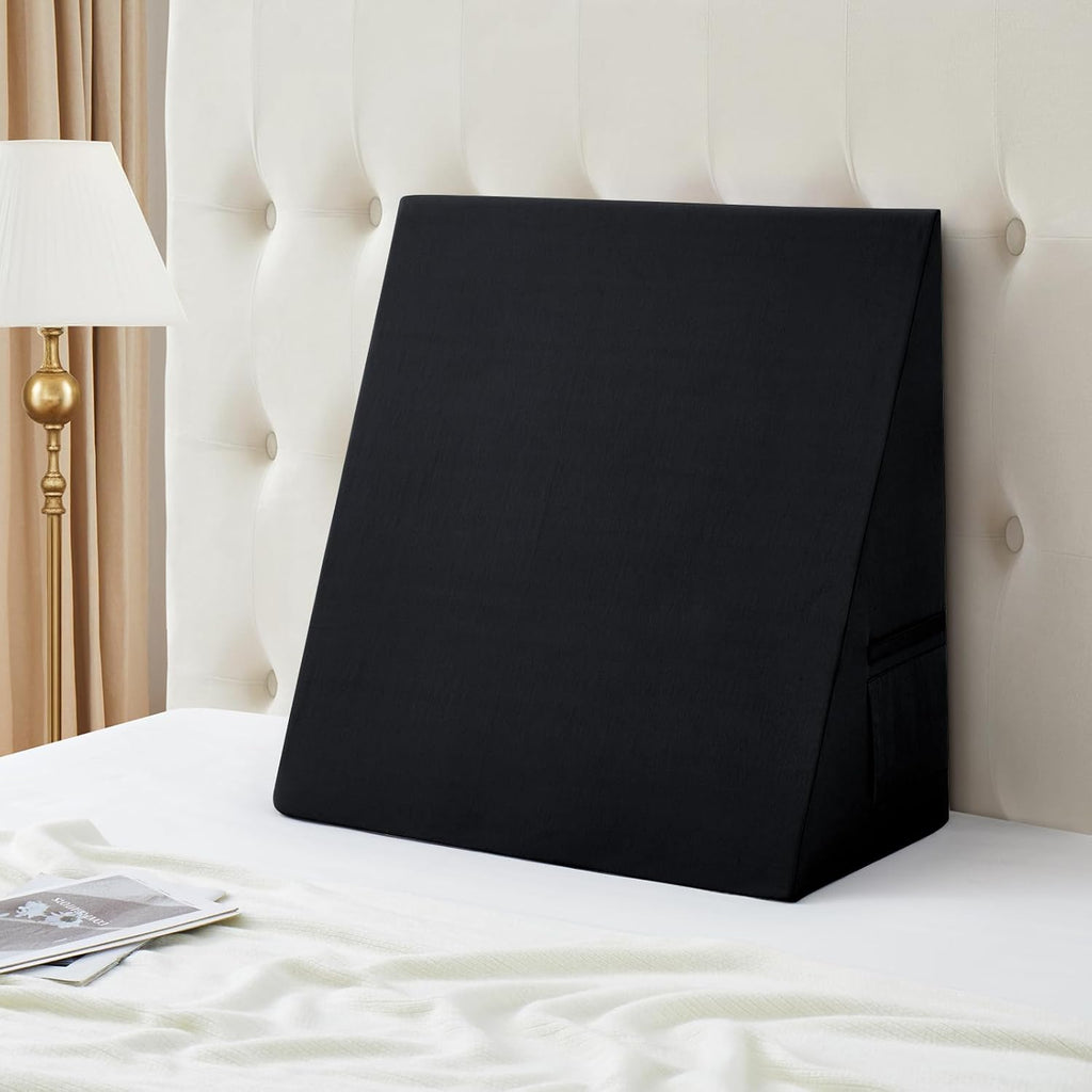 Cotton Wedge Pillow Cover for 24" x 24" x 10" Wedge Bed Pillow, Zippered Wedge Pillow Case Protector with Side Pocket, Black (Pillow Not…