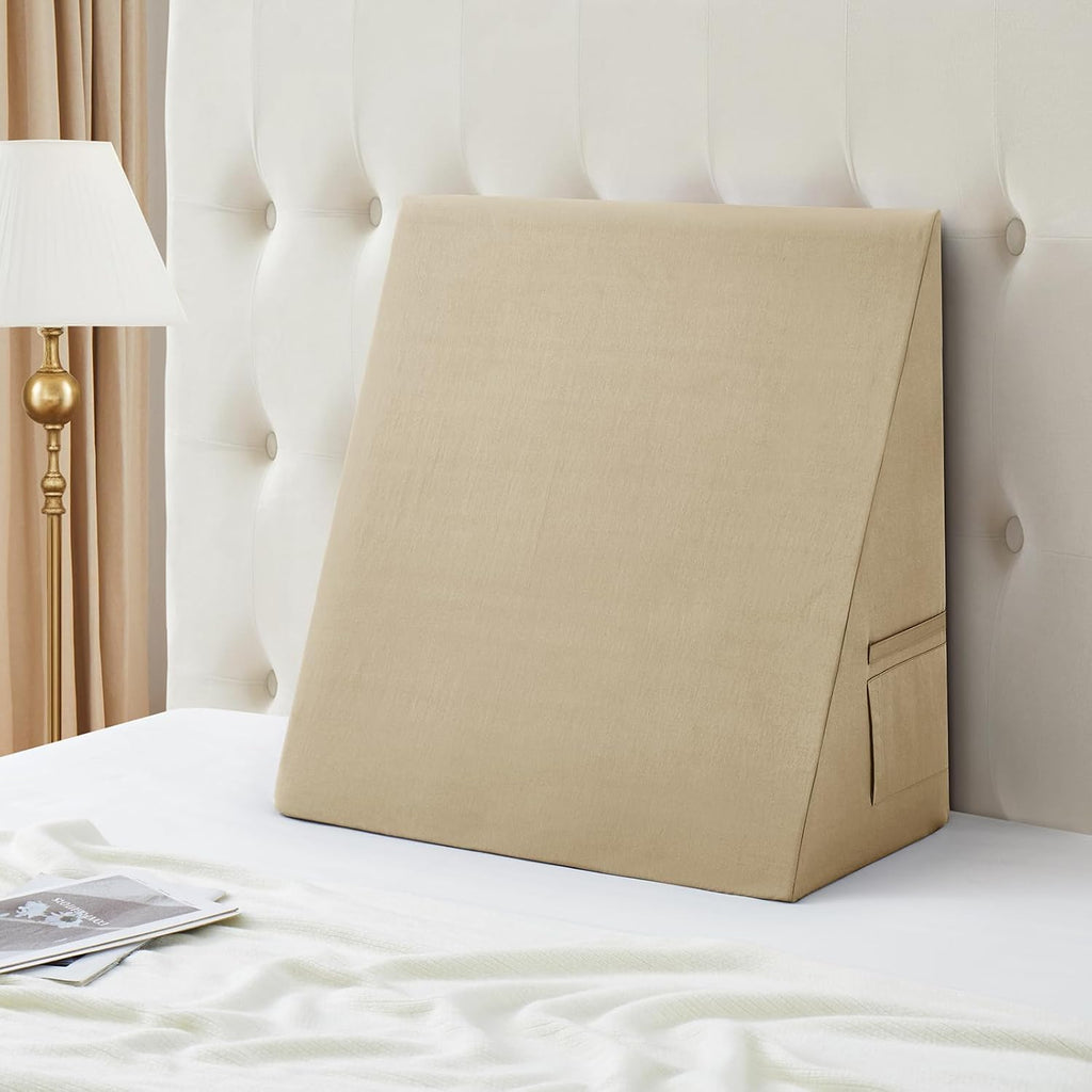 Cotton Wedge Pillow Cover for 24" x 24" x 12" Wedge Bed Pillow, Zippered Wedge Pillow Case Protector with Side Pocket, Beige (Pillow Not…