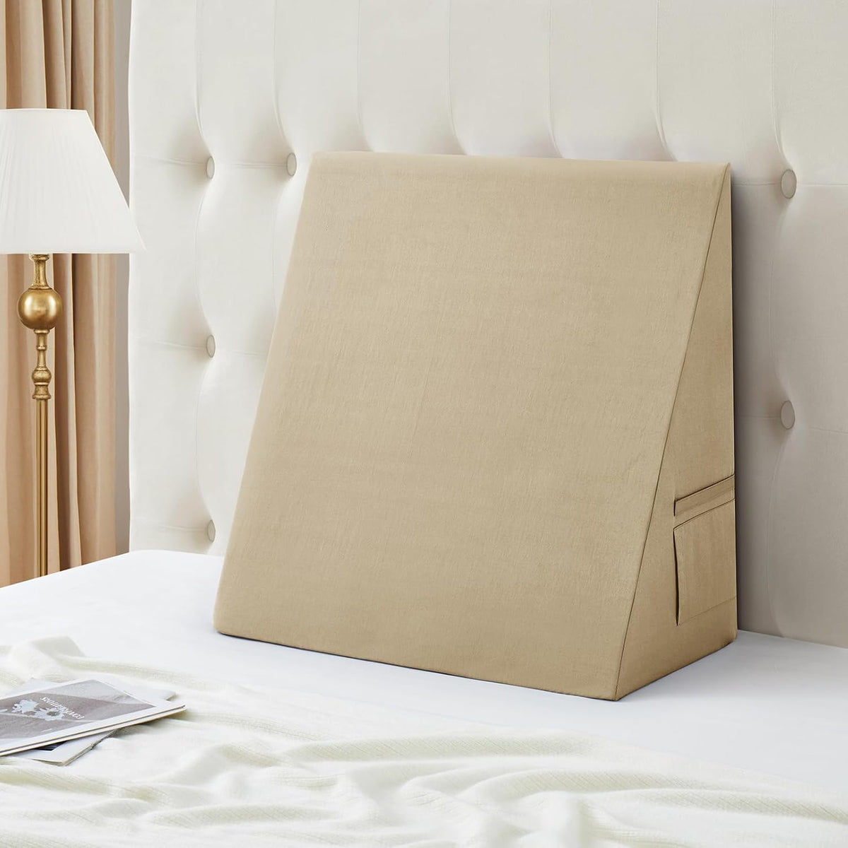 Cotton Wedge Pillow Cover for 24" x 24" x 7.5" Wedge Bed Pillow, Zippered Wedge Pillow Case Protector with Side Pocket, Beige (Pillow Not…