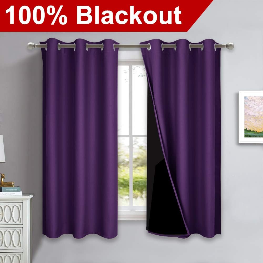 Nicetown 100% Blackout Room Warming Curtains 45 inches Long, Royal Purple, 2 Panels, 42-inch W, Thermal Insulated Full Blackout 2-Layer Lin…