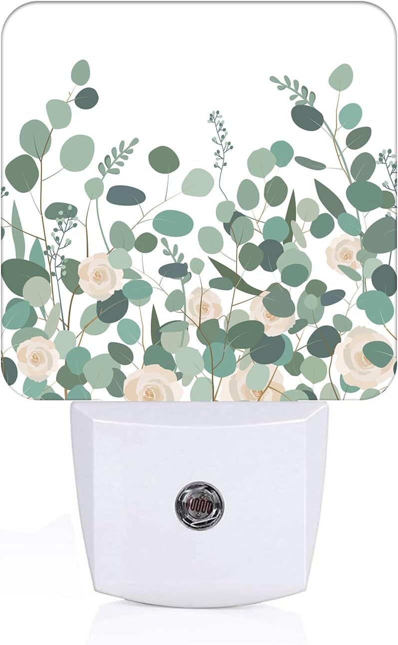 Eucalyptus Branches and Roses Night Light, Plug-in Nightlights Auto Sensor Night Lamp Dusk to Dawn Lamp Home Decor for Nursery Children…