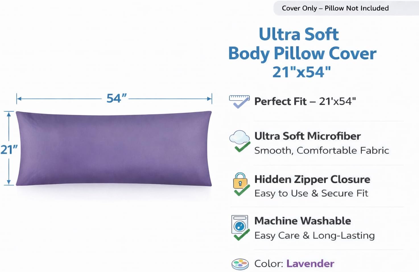Evolive Body Pillow Covers Pack of 2, 21" x 54", Ultra Soft Brushed Microfiber, Breathable & Cozy Body Pillowcases with Zipper Closure (Lav…