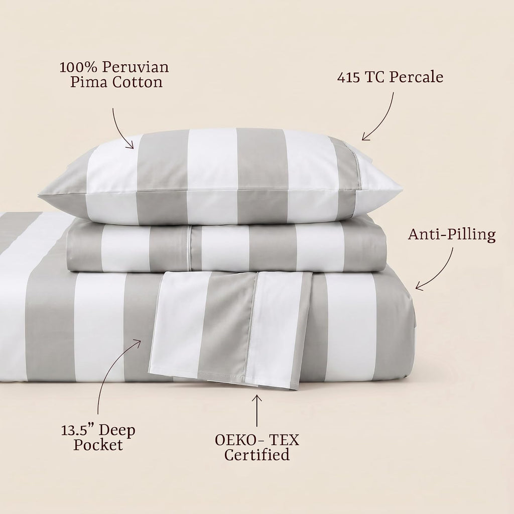 Perupima Peru Pima 415 Thread Count Percal Full Sheet Set - 100% Peruvian Pima Cotton, 4 Piece (Flat, Fitted, 2 Pillowcases) - Cooling, Cri…