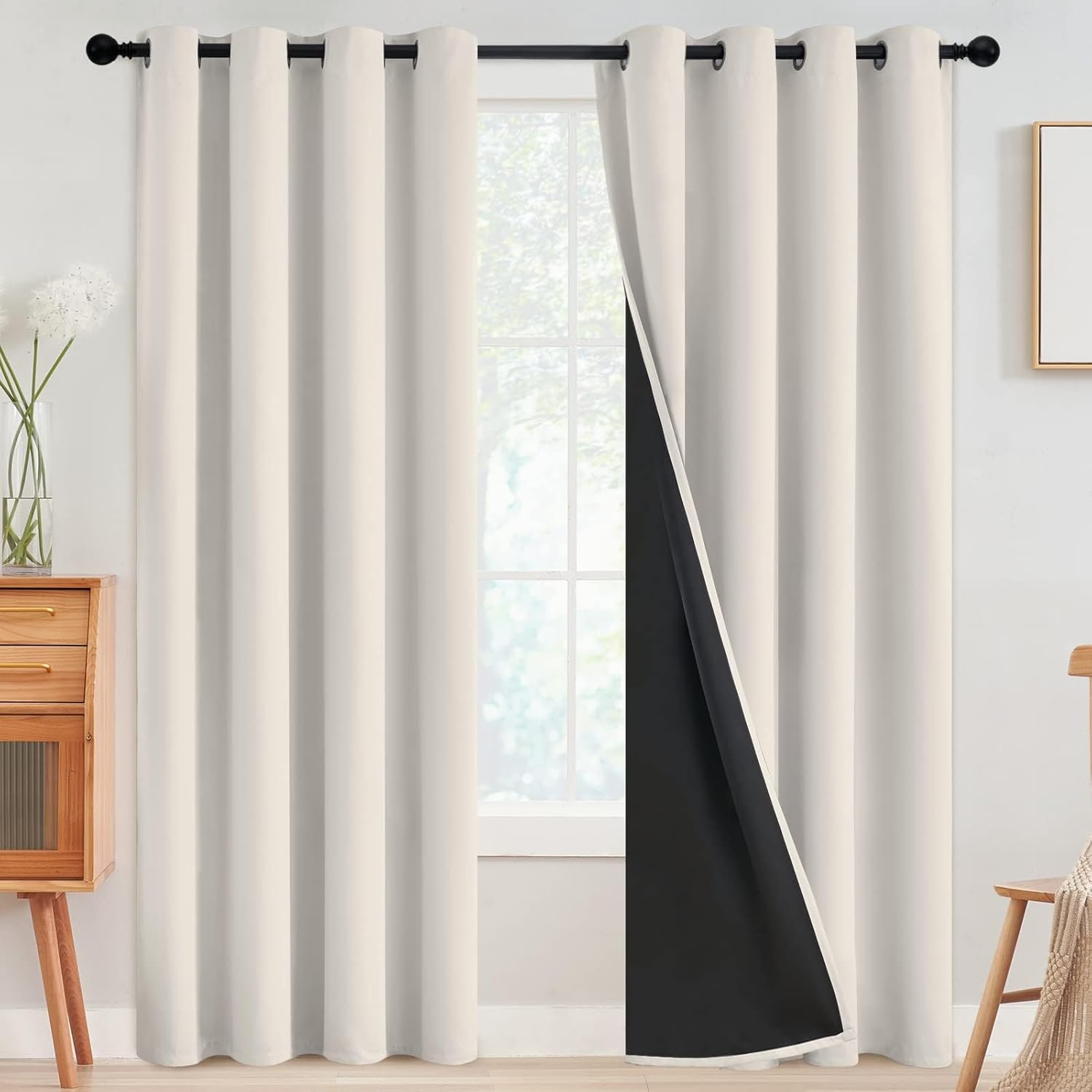 SimpleHome 100% Blackout Curtains for Bedroom, Thermal Insulated Grommet Window Drapes Room Darkening Cream Curtains for Living Room with Bl…
