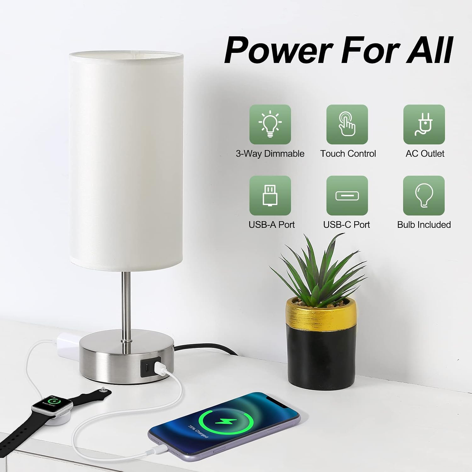 Yarra-Decor Bedside Lamp with USB A+C Charging Ports & AC Outlet Touch Control Table Lamp for Bedroom 3 Way Dimmable Nightstand Lamp with…