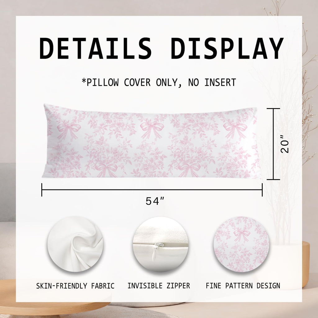 Chinoiserie Pink and White Floral 20x54 Body Pillow Cover, Chinoiserie Decor, Pink Coquette Bow Flowers Grand Millenial Decorative Long…