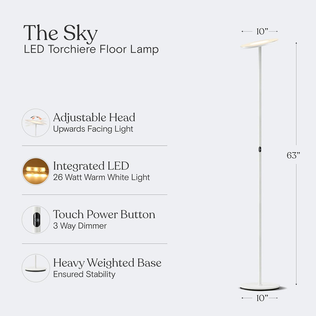 Brightech Sky LED Floor lamp, Torchiere Super Bright Floor Lamp for Living Room Decor & Office - Dimmable, Tall Standing Lamp with Warm Lig…