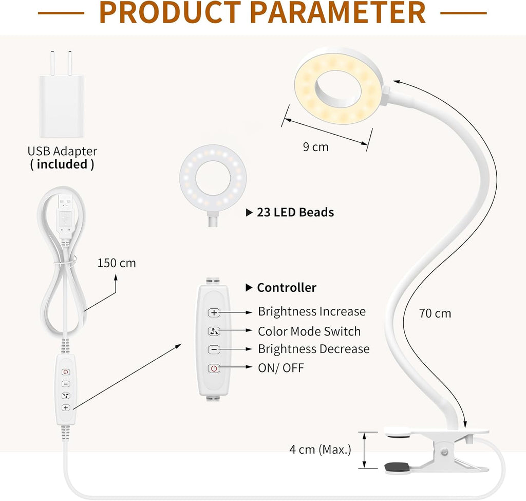 iZell Reading Light, USB Clamp Lamp for Child Reading Book in Bed at Night, LED Small Desk Lamp with Silicone Adjustable Arm Clip on Beside…