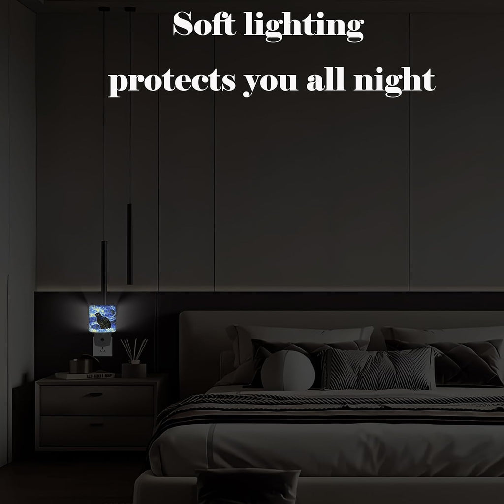 Black Cat Night Light, Plug Into Wall for Boys Girls Bedroom Decorative Square Night Light Lamp 0.5w Sleep Friendly