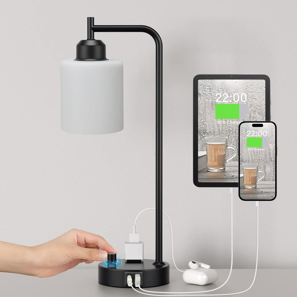 Industrial Bedroom Table Lamps for Bedside - White Opal Glass Shade Desk Lamps with USB C Port, Fully Dimmable Black Lamps with USB Port…