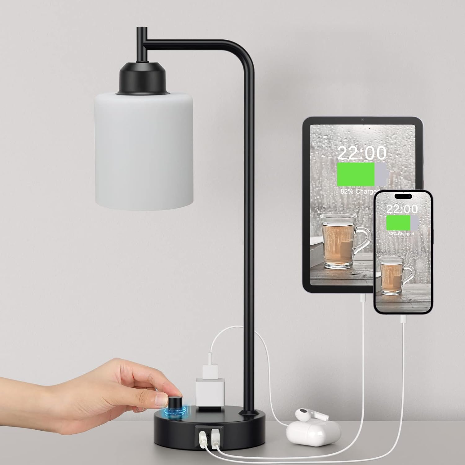 Industrial Bedroom Table Lamps for Bedside - White Opal Glass Shade Desk Lamps with USB C Port, Fully Dimmable Black Lamps with USB Port…