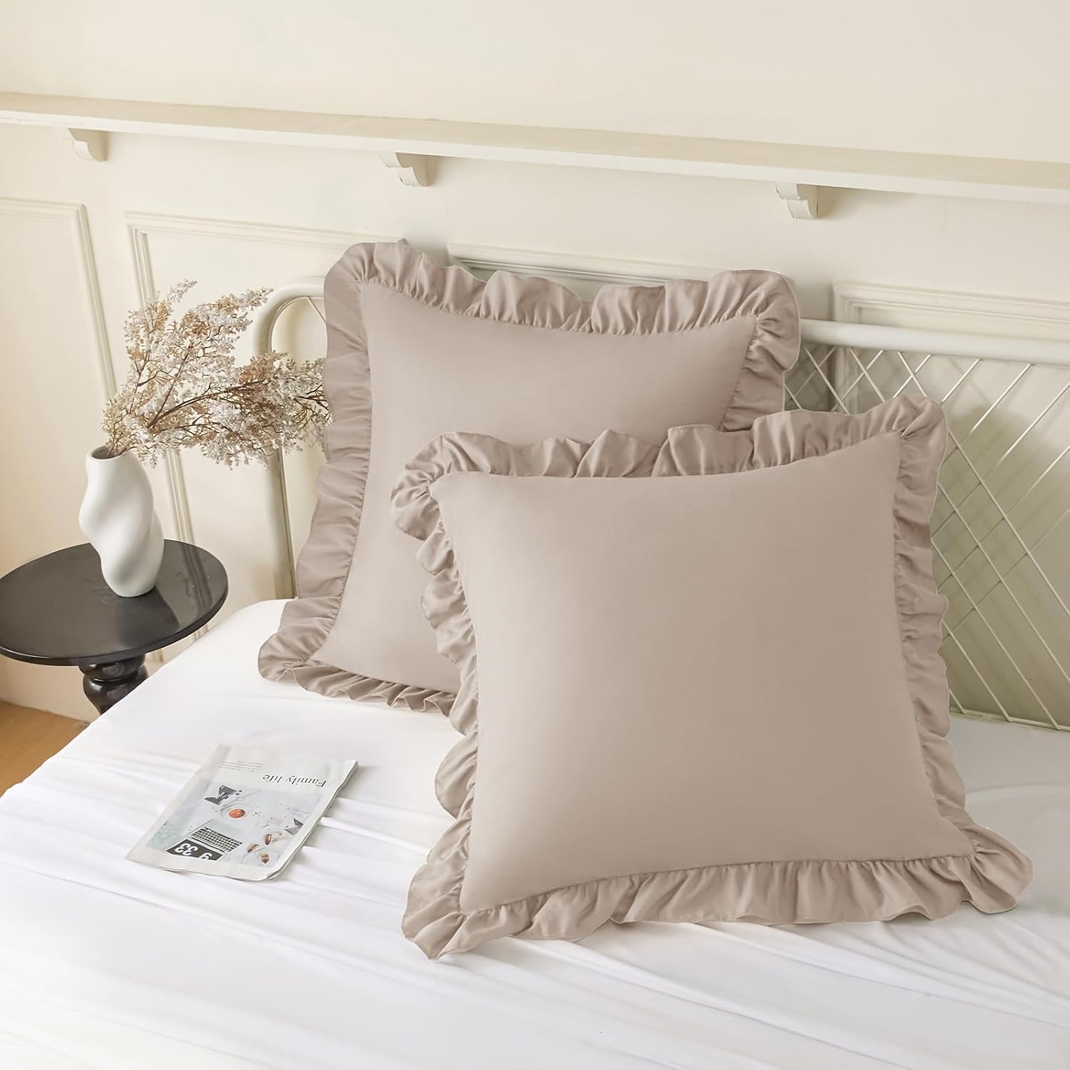 KKJIAF Ruffle Pillow Cases 22x22 Inches, Khaki Square Ruffled Pillow Covers Set of 2, Microfiber Wrinkle Resistant Pillow Shams with…