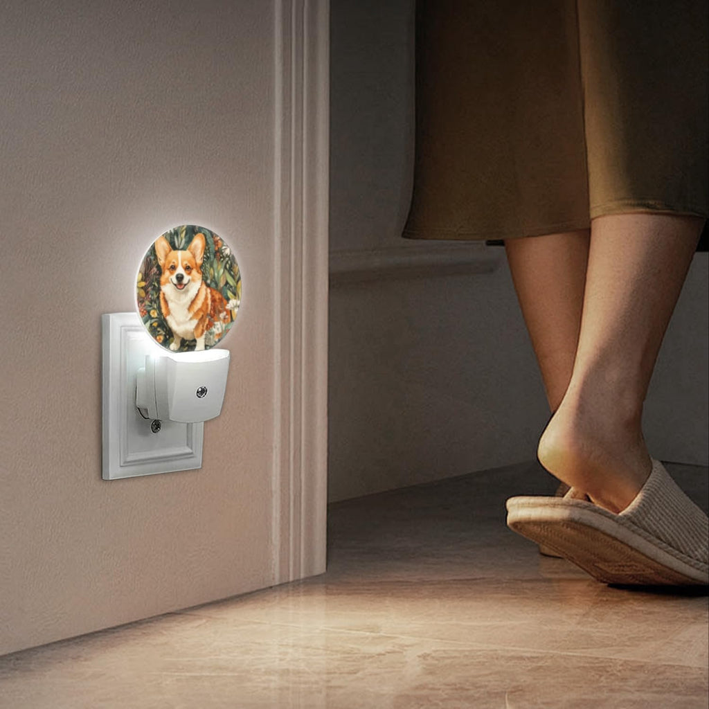 LED Night Lights Lamp with Dusk to Dawn Sensor, Lovely Smiling Corgi in The Flowers Night Light Plug Into Wall for Kids Room, Bedroom…