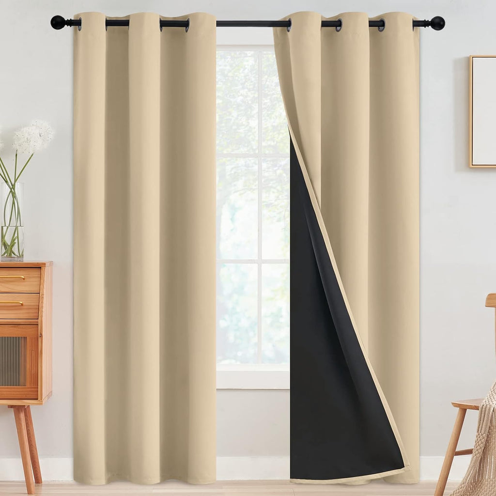 SimpleHome 100% Blackout Curtains for Bedroom, Thermal Insulated Grommet Window Drapes Room Darkening Beige Curtains for Living Room with Bl…