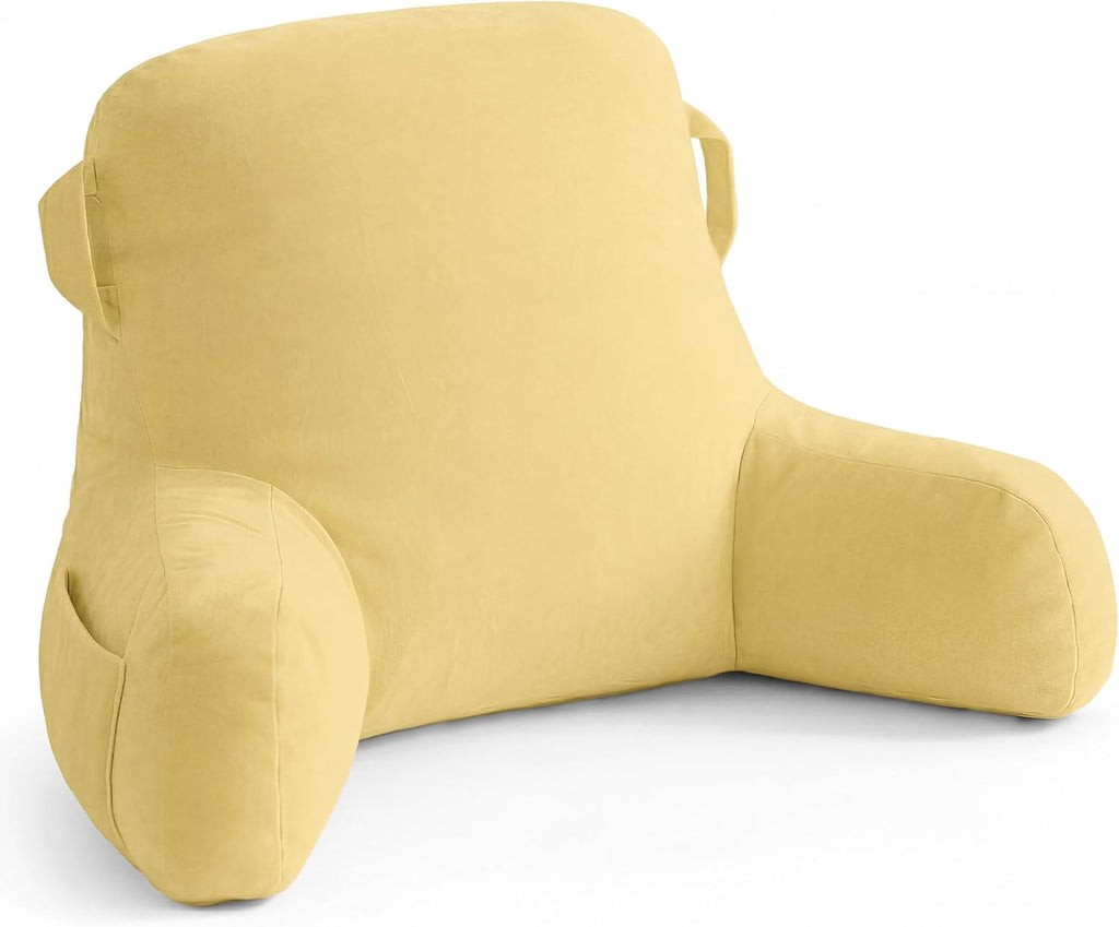 Unisakey Portable Comfy Reading Pillows for Bed Sitting Up(Yellow Oeko-Tex), Velvet Back Pillow with Arms & Pockets for Adults, Support…