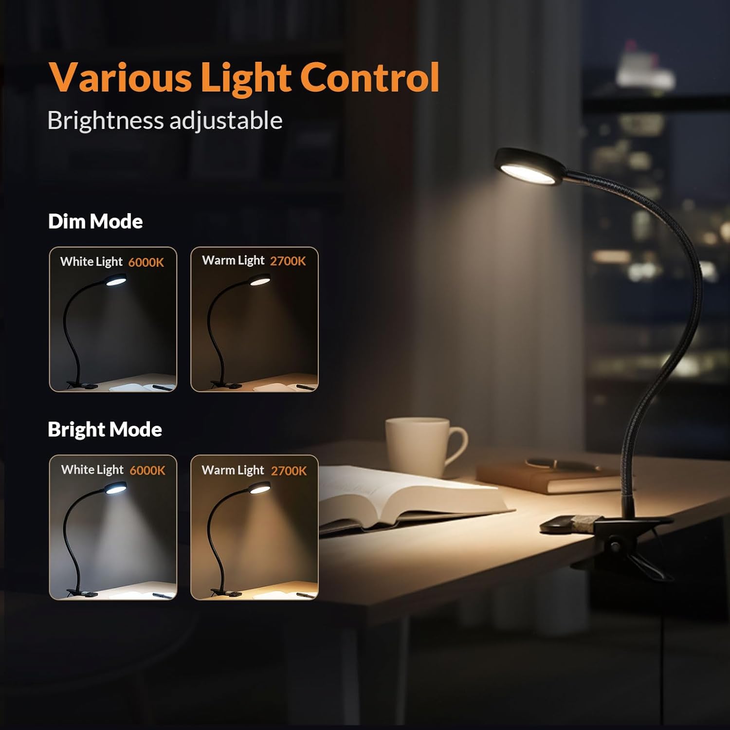 LEPOWER Clip on Light/Reading Lights/Book Light/Desk Lamp Color Changeable/Night Lights Clip on for Desk, Bed Headboard and Computers…
