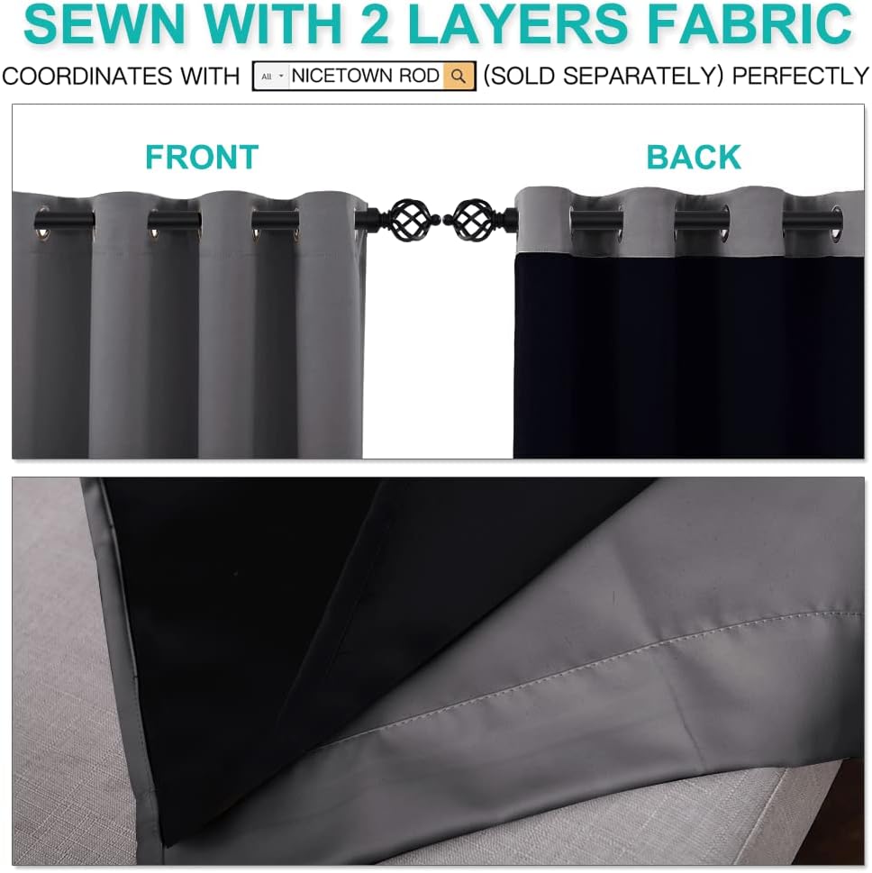 Nicetown 100% Blackout Curtains with Black Liners, Thermal Insulated Full Blackout 2-Layer Lined Curtains, Energy Efficiency Window Draperi…