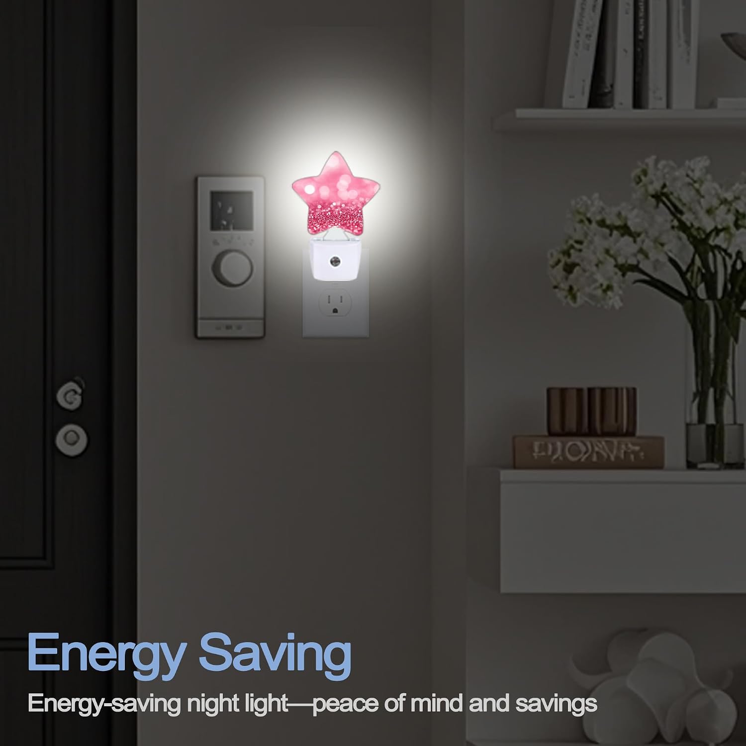 Snowmolle Pink Red Glittering Dusk to Dawn Star Night Light, Abstract Christmas Smart Sensor Nightlight for Bedroom Kitchen Hallway Stairs, P…
