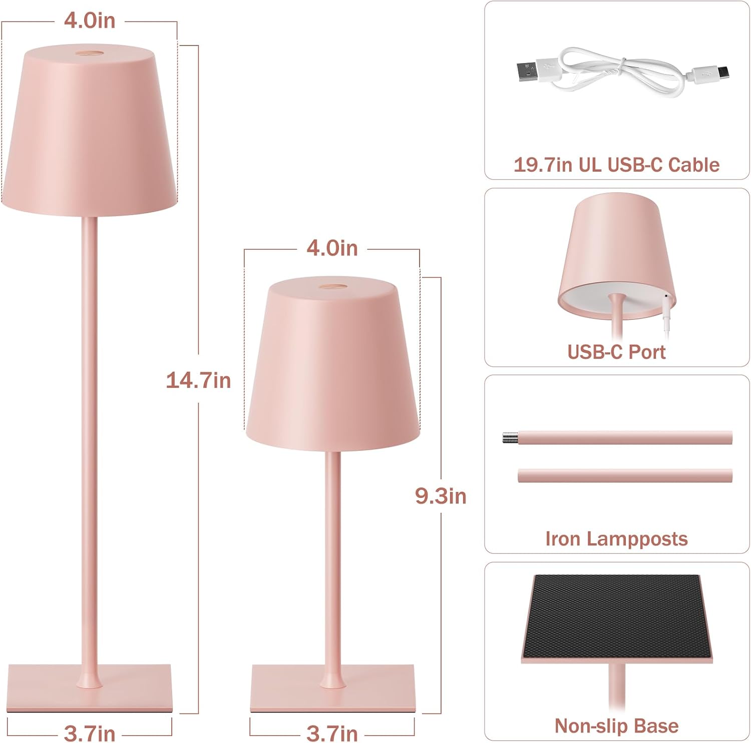Kakanuo Pink Cordless Rechargeable Table Lamp, 2 Pack Portable Desk Lamp with 5000mAh Battery, Touch Control Stepless Dimming, Wireless…