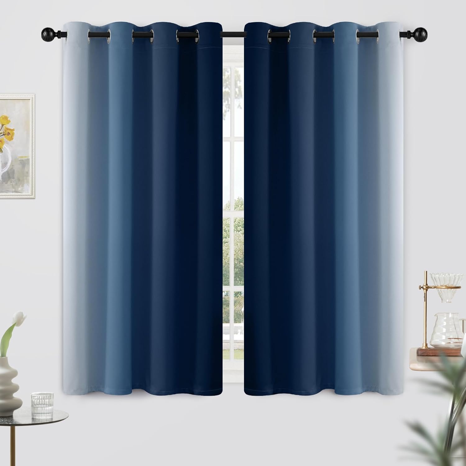 Yakamok Blue and Greyish White Ombre Curtains, Room Darkening Gradient Color Curtains for Bedroom, Light Blocking Thermal Insulated Window…