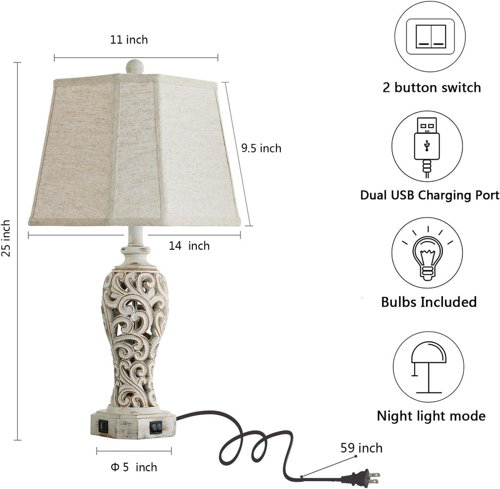 Set of 2 Rustic Table Lamps for Living Room Bedroom, Farmhouse Vintage Nightstand Lamp with 2 USB Ports, Hollow Out Resin Lamp for End…