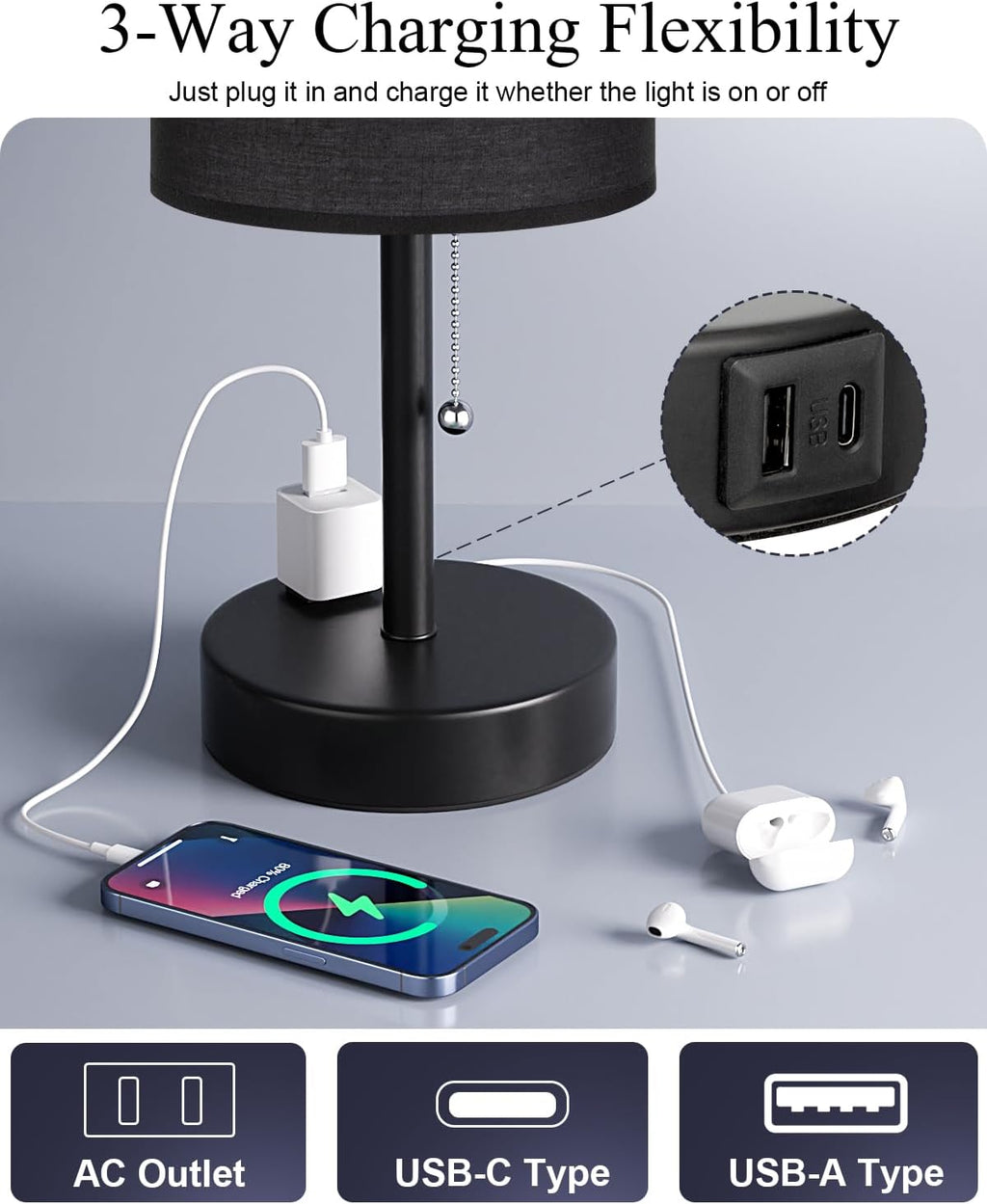 Fenmzee Large Black Bedside Lamps Set of 2-3 Color Temperatures Pull Chain Lamp with AC Outlet Charging Port, Two Round Night Stand Lamps…