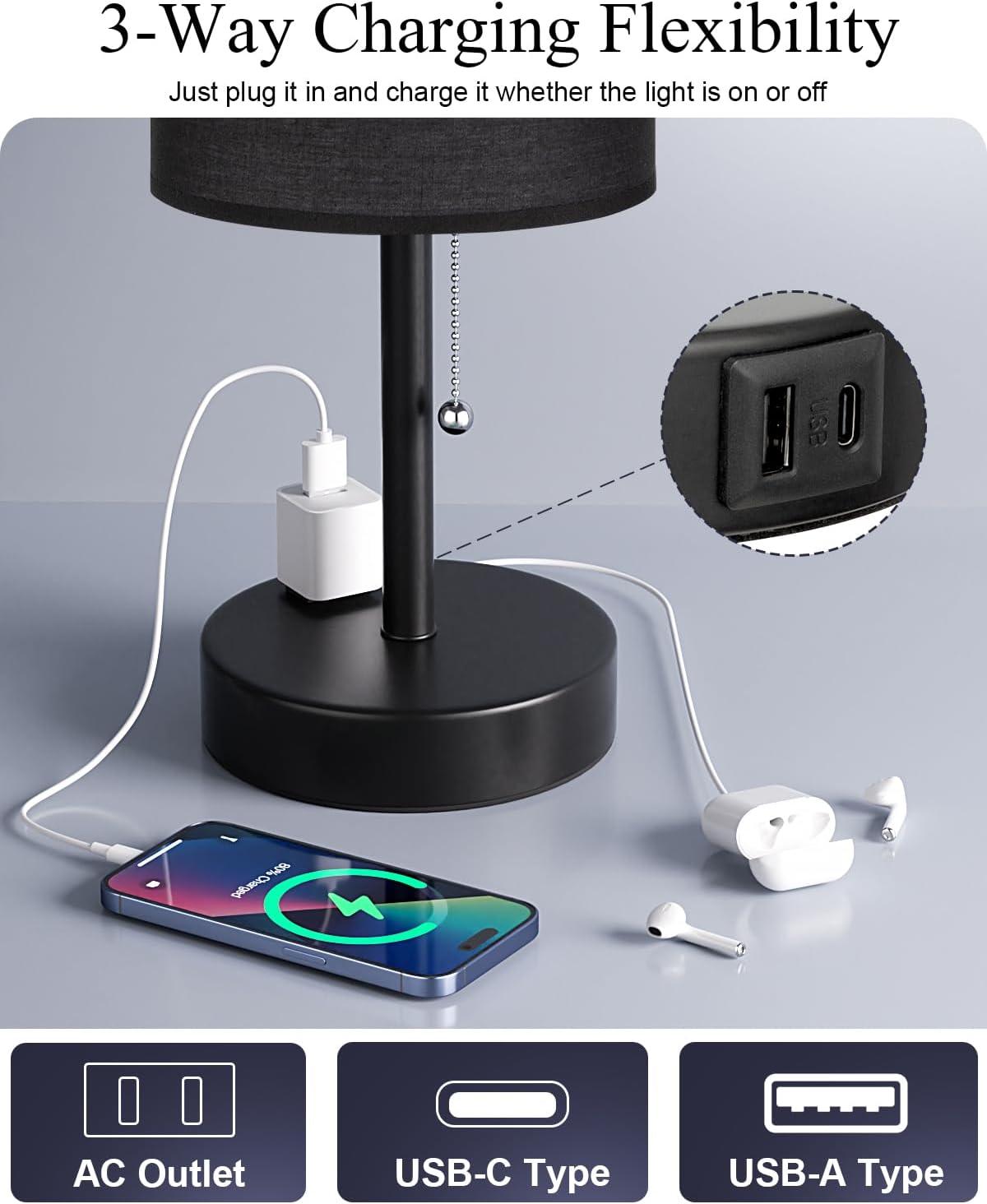 Fenmzee Large Black Bedside Lamps Set of 2-3 Color Temperatures Pull Chain Lamp with AC Outlet Charging Port, Two Round Night Stand Lamps…