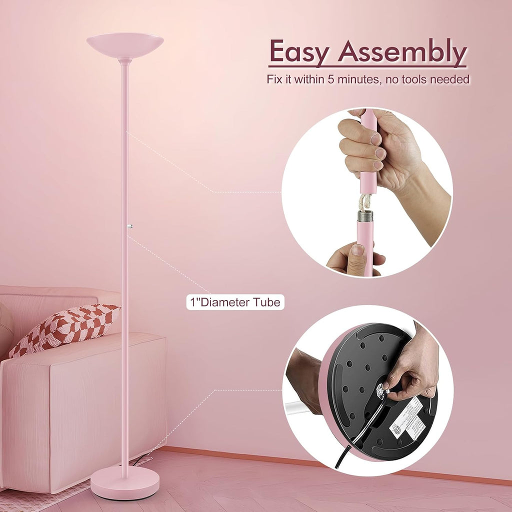 30W Pink Torchiere Floor Lamp, 3600LM Super Bright LED Pole Lamp, 71Inch Tall Stepless Dimmable Torch Lamp, 1Inch Thick Metal Tube…