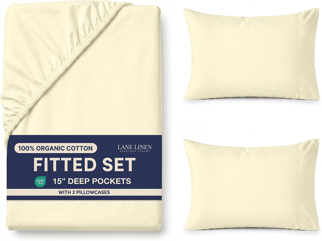 LANE LINEN 100% Organic Cotton Fitted Sheet Queen Plus Pillowcases Low Pilling Fade Resistant Fully Elasticized Reinforsed Seams Soft &…