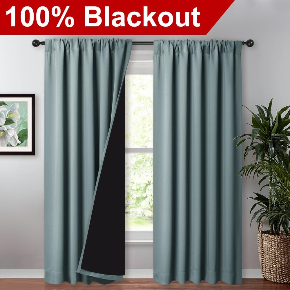 Nicetown 100% Blackout Curtains for Living Room, Privacy Protection & Noise Reducing Drapes, Black Lined Window Treatment Panels for Patio…