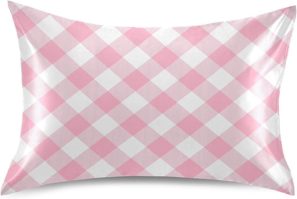 Plaid Squares Pillow Covers Silk Pillowcase for Hair and Skin Soft Breathable Smooth Cooling Satin Pillowcase Standard Size Pillow Case…