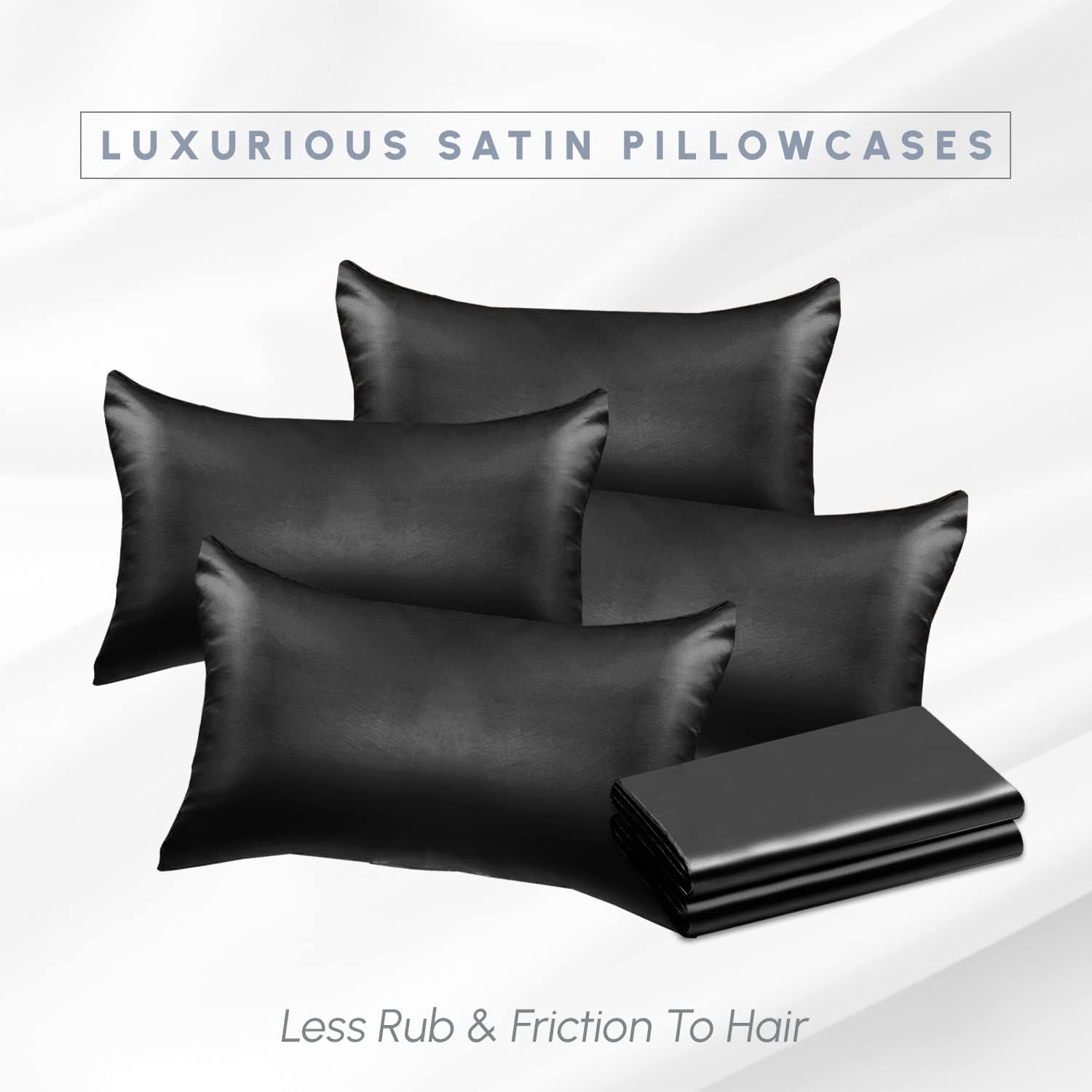 Elegantcomfort Elegant Comfort 6-Pack King Size Black Satin Pillowcase Set with Hidden Zipper Closure, 20" x 40" Black