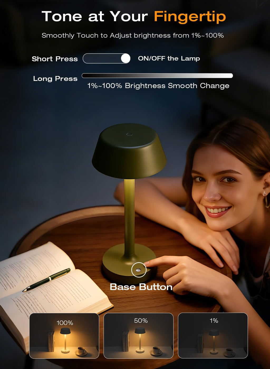 Cordless Rechargeable Table Lamp with Power Charger, Portable LED Desk Lamp,5000mAh Battery Operated,2700K-5700K Tunable, Stepless Dimming…