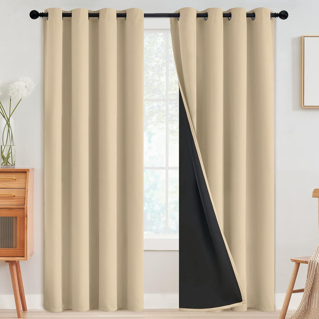 SimpleHome 100% Blackout Curtains for Bedroom, Thermal Insulated Grommet Window Drapes Room Darkening Beige Curtains for Living Room with Bl…
